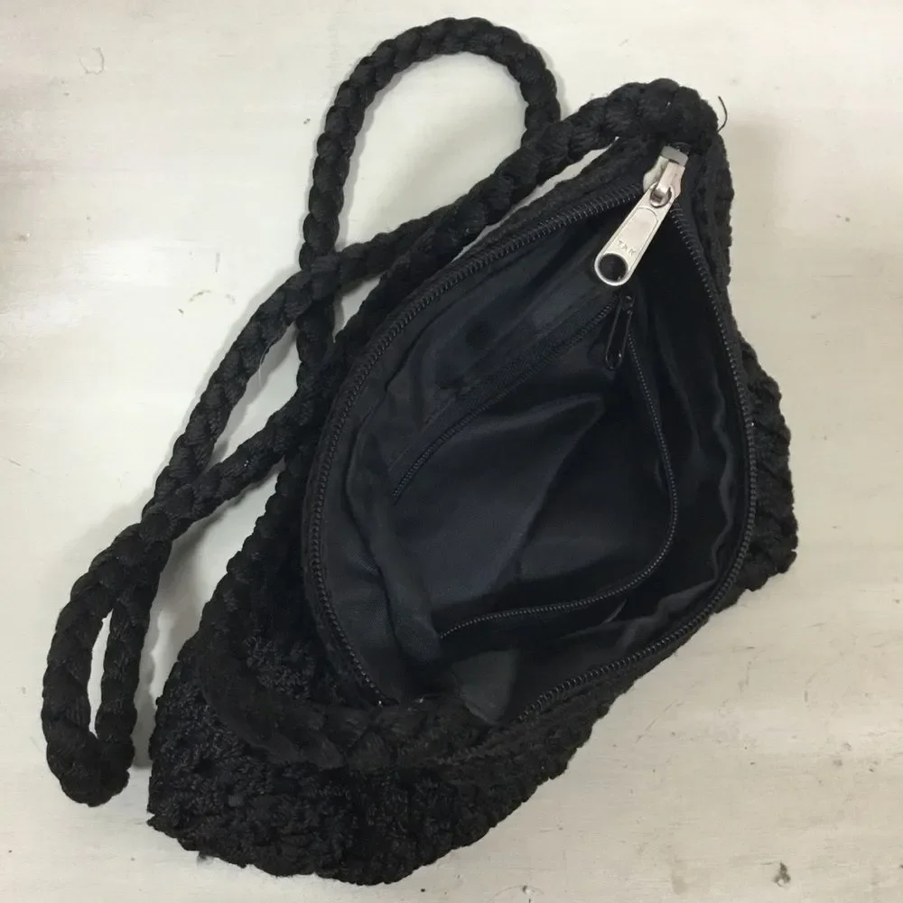 Lina black crochet crossbody or shoulder bag with plaited strap and pockets